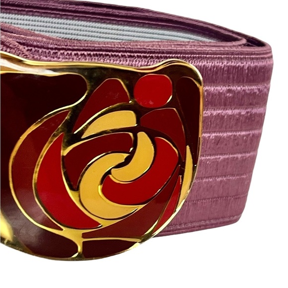 Vintage 80s Charmant Pink Sateen Elastic Stretch Cinch Belt w/Enamel Buckle MCM - Picture 2 of 8